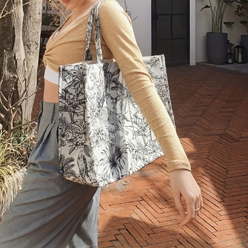 Jungle Animal Plant Graphic Tote Bag, Large Capacity Canvas Shoulder Bag, Portable Double Handle Beach Bag