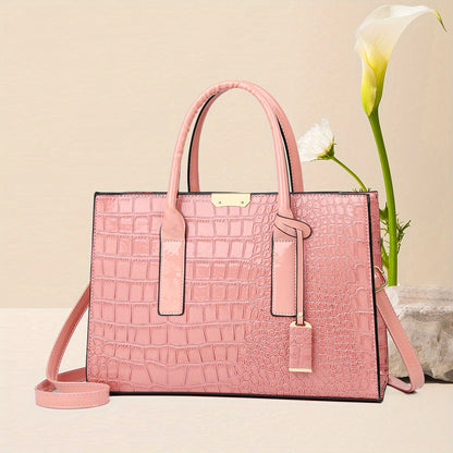 realaiot  Elegant Crocodile Pattern Tote Bag, Luxury Top Handle Handbag, PU Leather Purse For Women