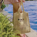 realaiot  Straw Mesh Tote Bag For Women, Woven Beach Shoulder Bag, Large Capacity Foldable Hobo Bag For Holiday, Picnic, And Party
