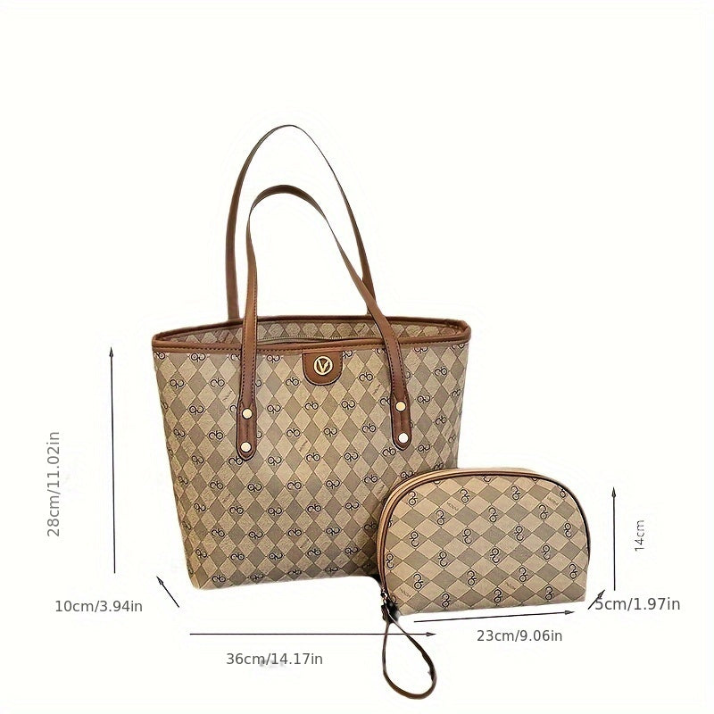 2pcs/set Fashion Shoulder Bag, Trendy Plaid Pattern Tote Bag, Women's Casual Handbag & Purse