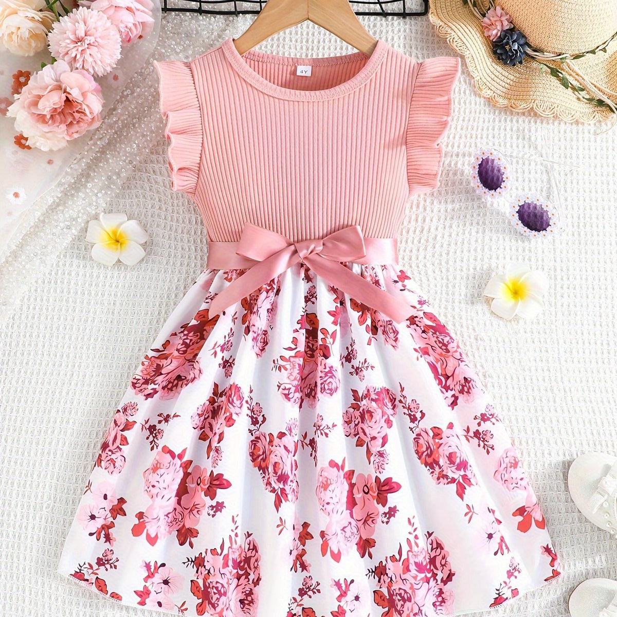 Charming Sweet Girls Floral Spliced Dress - Soft 93% Cotton, Perfect for Summer Parties & Gifts