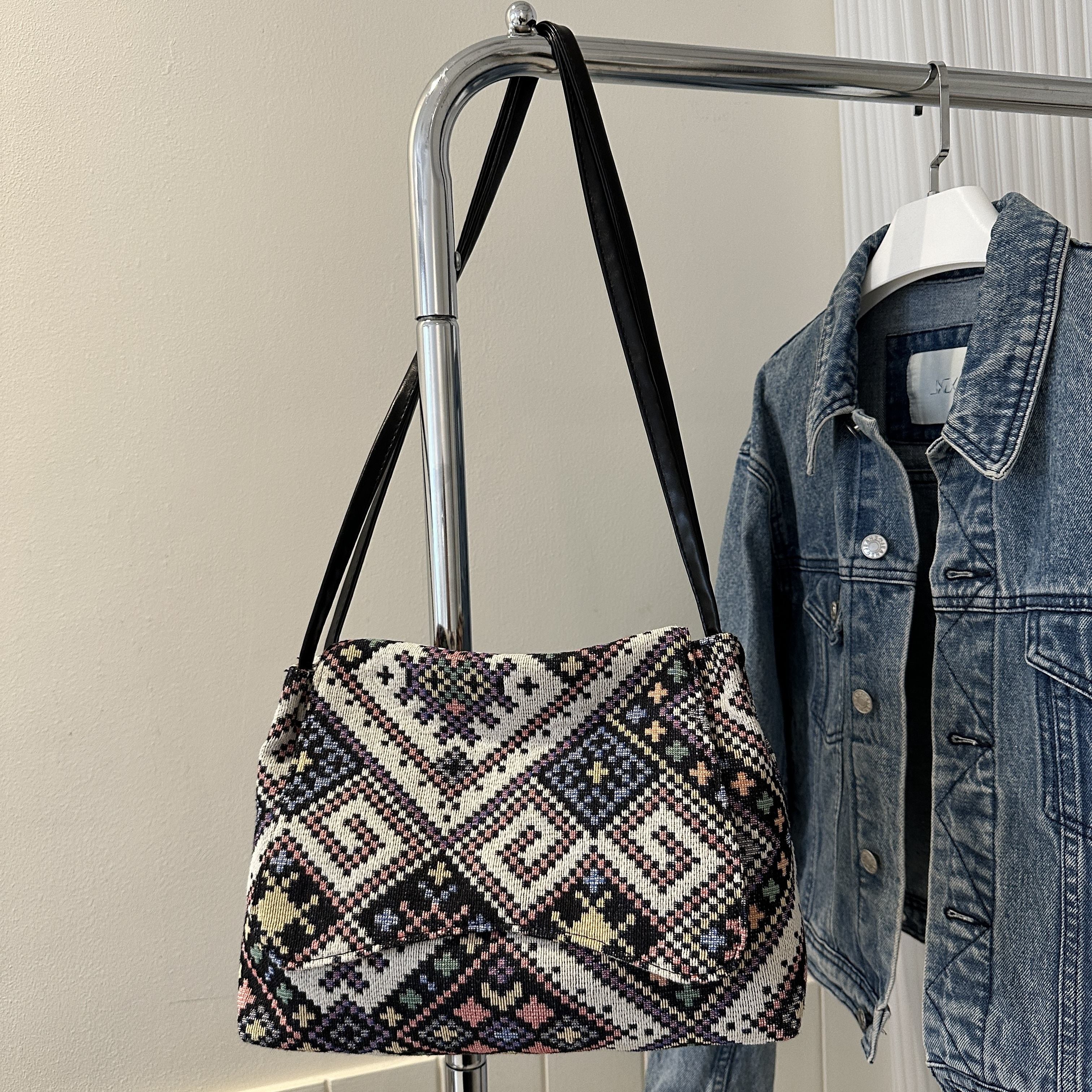 realaiot Ethnic Style Fabric Shoulder Bag, Vintage Geometric Graphic Purse, Women's Chain Crossbody Bag