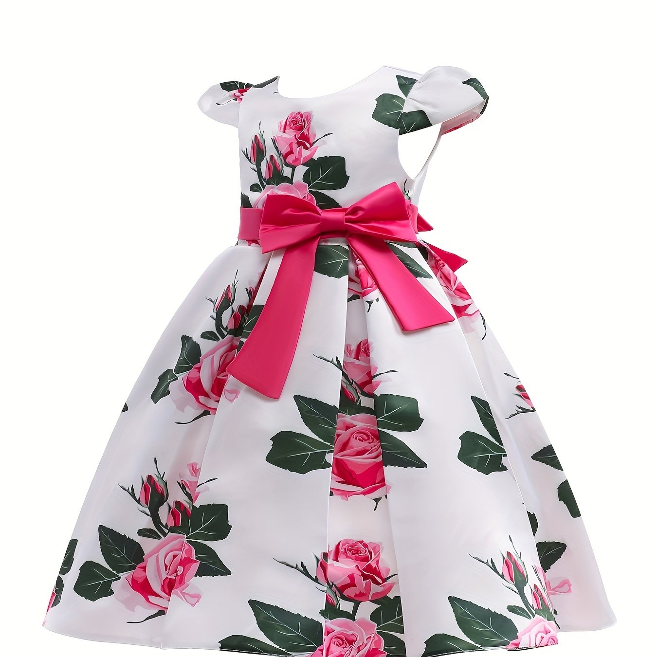 Elegant Floral Print Bowknot Princess Dress for Girls - Fit & Flare Midi with Lace-Up Detail