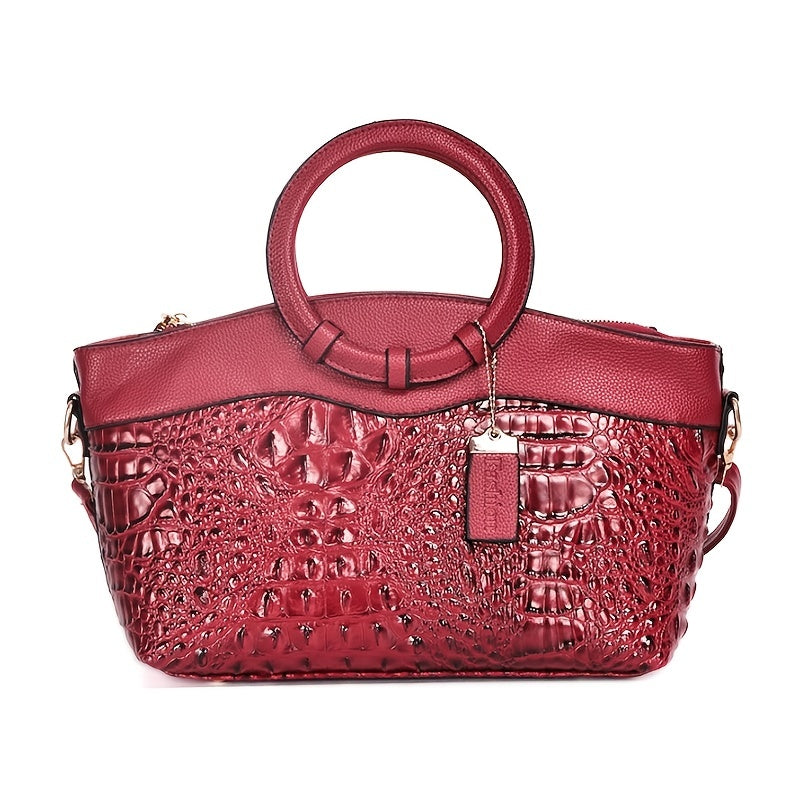 Women's Vintage Shoulder Bag, Crocodile Pattern Satchel Bag With Round Strap, Versatile Handbag