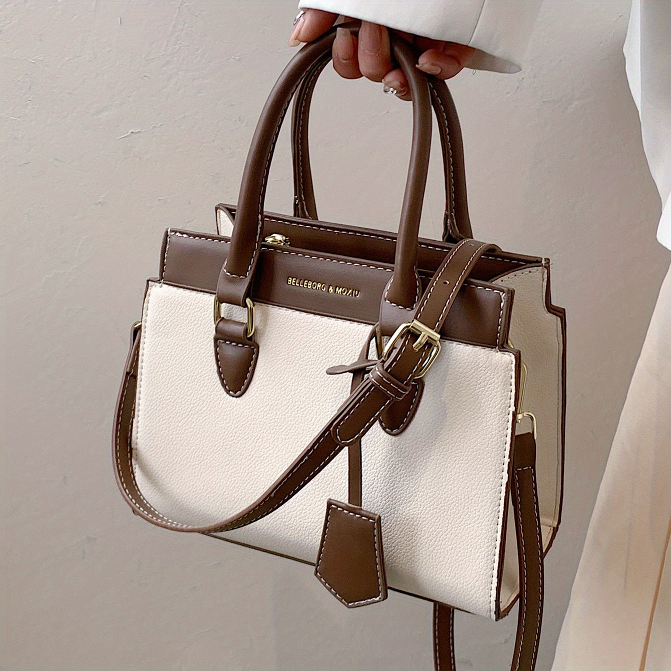 realaiot  Top Handle Satchel Crossbody Bag, PU Leather Color Contrast Handbag Purse, Classic Versatile Fashion Shoulder Bag