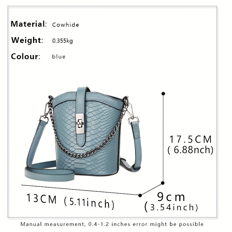 realaiot Mini Genuine Leather Bucket Bag, Crocodile Pattern Crossbody Bag, Fashion Chain Decor Purse For Every Day