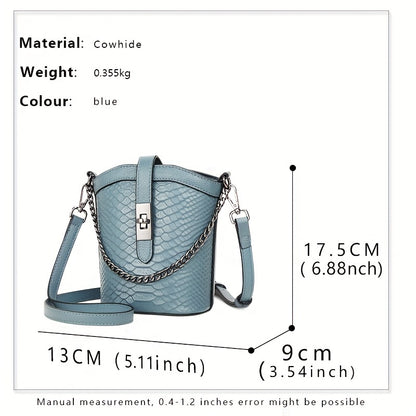 realaiot Mini Genuine Leather Bucket Bag, Crocodile Pattern Crossbody Bag, Fashion Chain Decor Purse For Every Day