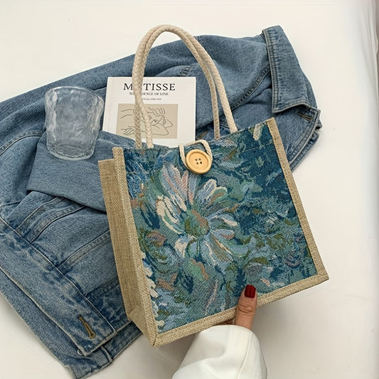 realaiot Aesthetic Floral Print Tote Bag, Vintage Canvas Lunch Bag, Women's Casual Handbag & Bento Bag For Picnic, School, Beach, Shopping