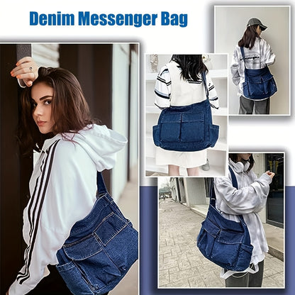 realaiot  Retro Denim Canvas Tote Bag, Multi Pockets Crossbody Bag, Y2K Hobo Bag For Sports, Travel, School