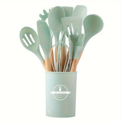 1 Set Kitchen Utensil Set, Silicone Cookware Set, 12pcs Silicone Kitchen Utensil Set, Wooden Cooking Utensils, Kitchen Gadgets, Silicone Cutlery Set, Kitchen Tools With Storage Bucket