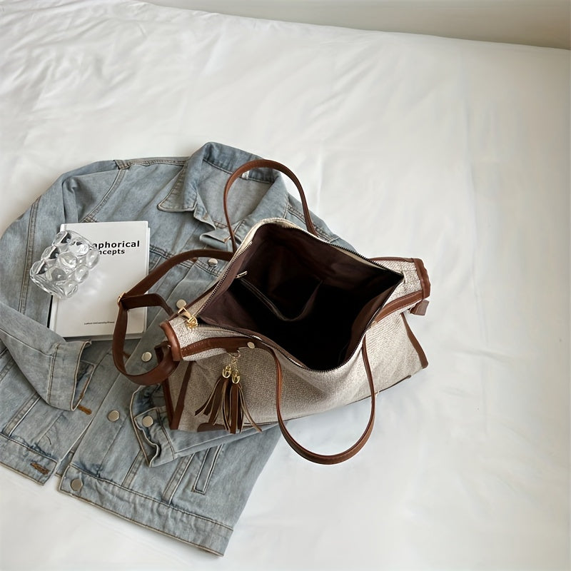 Retro Canvas Tote Bag With Tassel, PU Leather Stitching Crossbody Bag, Hobo Large Capacity Hobo Bag