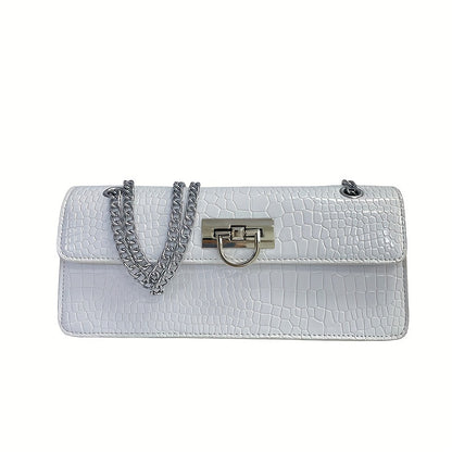 realaiot  Crocodile Pattern Baguette Bag, Luxury Chain Shoulder Purse, Fashion Crossbody Bag For Women