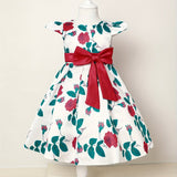 Elegant Floral Print Bowknot Princess Dress for Girls - Fit & Flare Midi with Lace-Up Detail