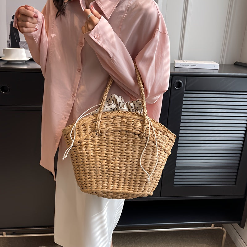 Woven Straw Tote Bag For Women, Seaside Vacation Beach Bag, Paper Straw Vegetable Basket Bag For Women