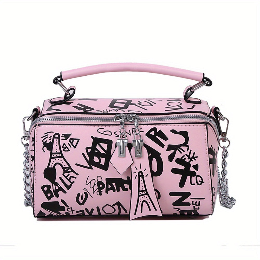 Graffiti Handbags For Women, Trendy Chain Crossbody Bag, Small Zipper Box Purse