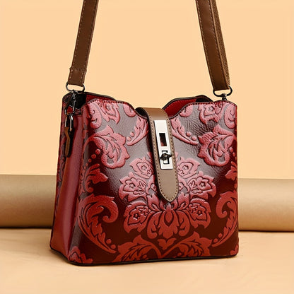 Elegant Flower Pattern Shoulder Bucket Bag, Turn-Lock Handbag For Work, Classic Textured Bag