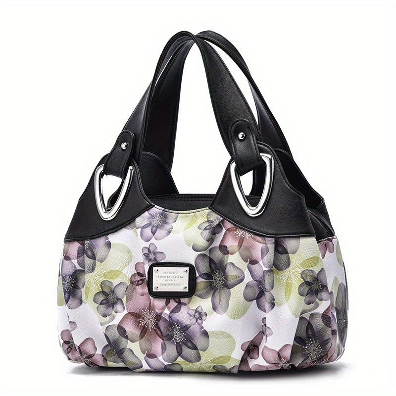 realaiot  Floral Print Top Handle Tote Bag, Fashion PU Satchel Bag, Women's Trendy Casual Handbag & Purse