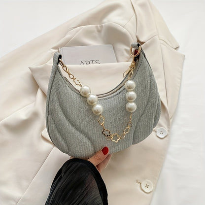 realaiot  Fashion Glitter Shoulder Bag, Faux Pearl Chain Crescent Bag, Trendy Underarm Purse For Women