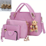 Women's Fashion Tote Bag Set, 4 Pcs Trendy Handbag & Shoulder Bag & Clutch Bag & Key Card Bag