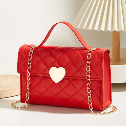 realaiot Argyle Quilted Chain Crossbody Bag, Heart Decor Flap Purse, Women's Lovely Square Handbag Valentine's Day gift