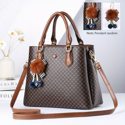 realaiot  Fashion Plaid Pattern Handbag, Multi Layer Crossbody Bag, Women's Elegant Shoulder Bag With Plush Ball Pendant