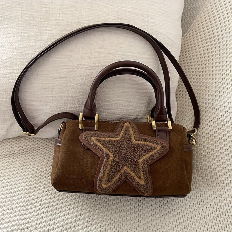 realaiot  Retro Plush Star Decor Crossbody Bag, Portable Zipper Handbag, Perfect Shoulder Bag For Daily Use