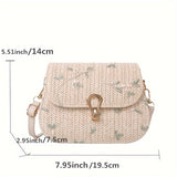 realaiot  Floral Embroidery Straw Saddle Bag, Mini Woven Crossbody Bag, Women's Buckle Decor Flap Purse (7.67*5.51*2.95) Inch