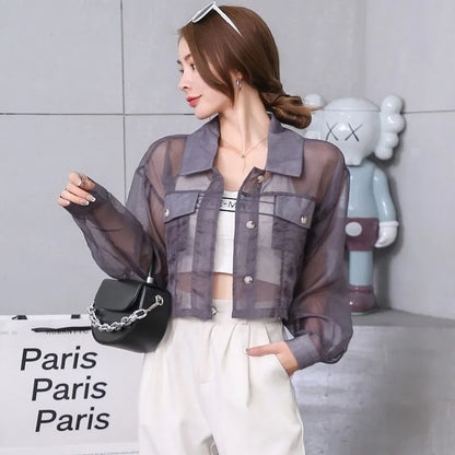 Women's summer long sleeve blouse turn down collar organza perspective high waist short shirt MLXLXXL