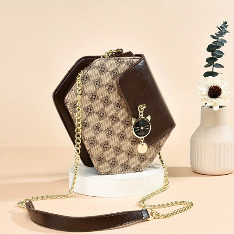 realaiot  Mini Hexagon Crossbody Bag, Trendy Plaid Print Flap Purse, Women's Chain Shoulder Bag With Cute Cat Pendant