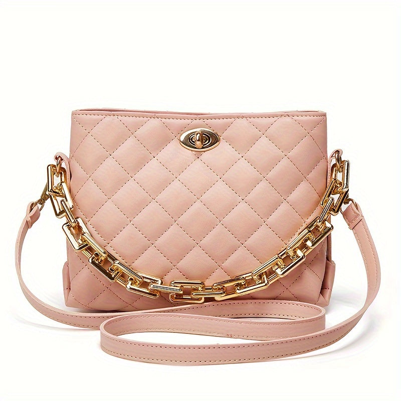 Stylish Argyle Quilted Handbag, Chain Decor Crossbody Bag, Women's Mini Shoulder Purse