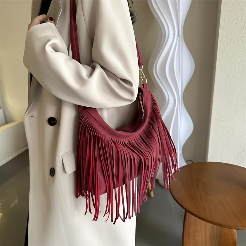 realaiot Vintage Fringe Crossbody Bag, Retro Bohemian Shoulder Bag, Women's Hippie Handbag & Tote Purse