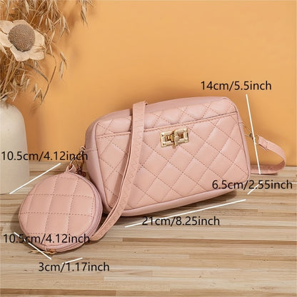 realaiot  Solid Color Quilted Bag, Fashionable Casual Shoulder Bag With Small Purse, Women's Stylish Versatile Handbag & Cosmetic Bag