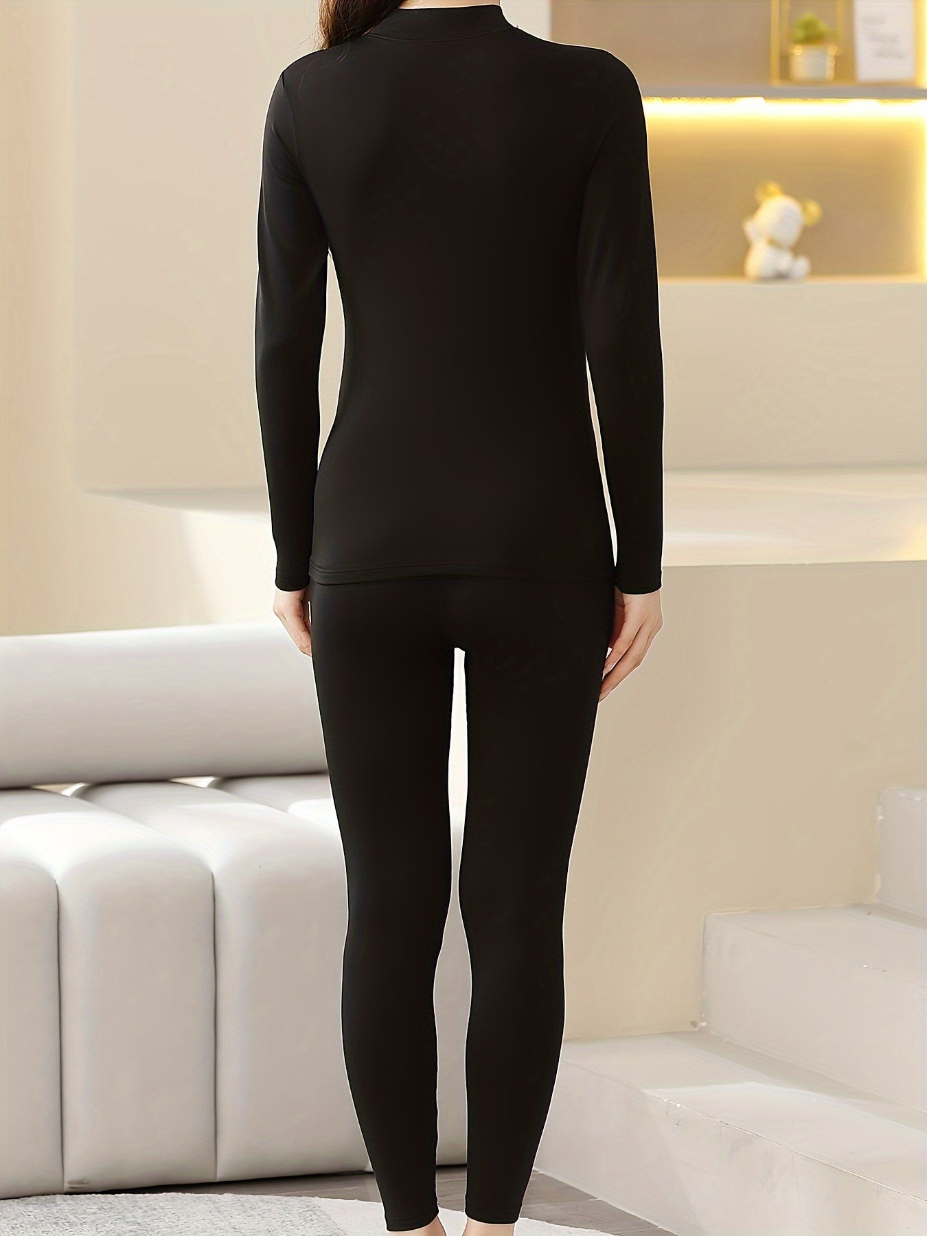 Solid Plush Thermal Underwear Set For Fall & Winter, Long Sleeve Mock Neck Tops & Pants, Women's Loungewear & Underwear