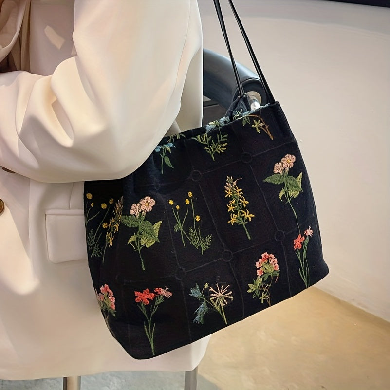 realaiot  Floral Embroidery Shoulder Bag, Vintage Daily Bucket Bag, Fashion Handbags For Women