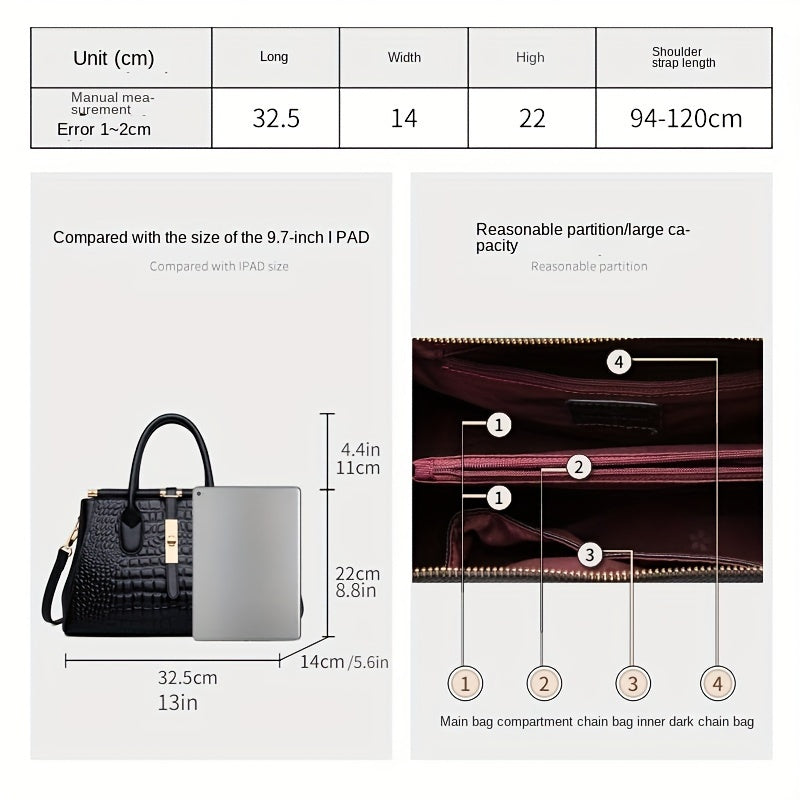 realaiot Crocodile Embossed Handbag, Elegant Leather Crossbody Bag, Women's Office & Work Purses