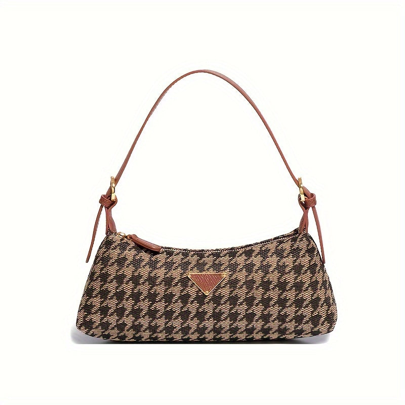 Retro Leopard/Houndstooth/Geometric Pattern Underarm Bag, Classic Textured Mall Shoulder Zipper Purse For Women