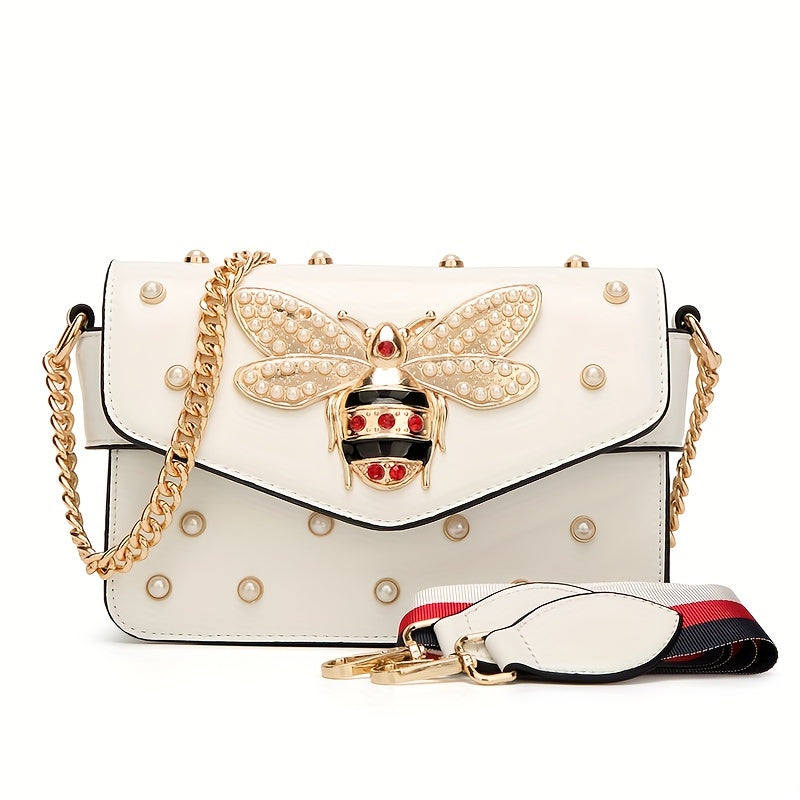 Trendy Bee Crossbody Bag, Faux Pearl Decor Square Purse, Women's Chain Shoulder Bag