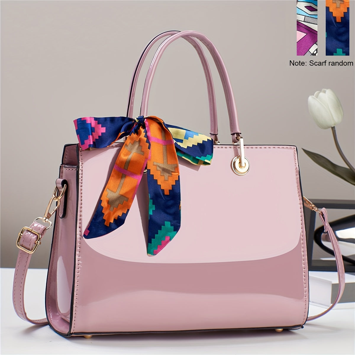 Fashion Bright PU Leather Handbag, Large Capacity Crossbody Bag, Women's Scarf Decor Satchel Purse