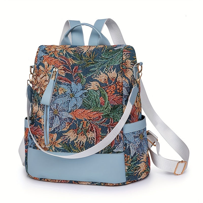 Vintage Floral Pattern Backpack, Anti-Theft Convertible Travel Daypack, Women's Fashion School Knapsack