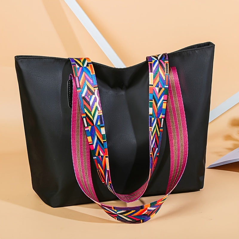 realaiot  Trendy Classic Tote Shoulder Bag, All-Match Versatile Commuter Tote Bag For Women With Colorful Geometric Pattern Strap