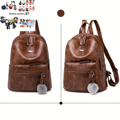 realaiot  Vintage PU Leather Backpack, Preppy Style Student Bookbag, Casual Travel School Bag For Women