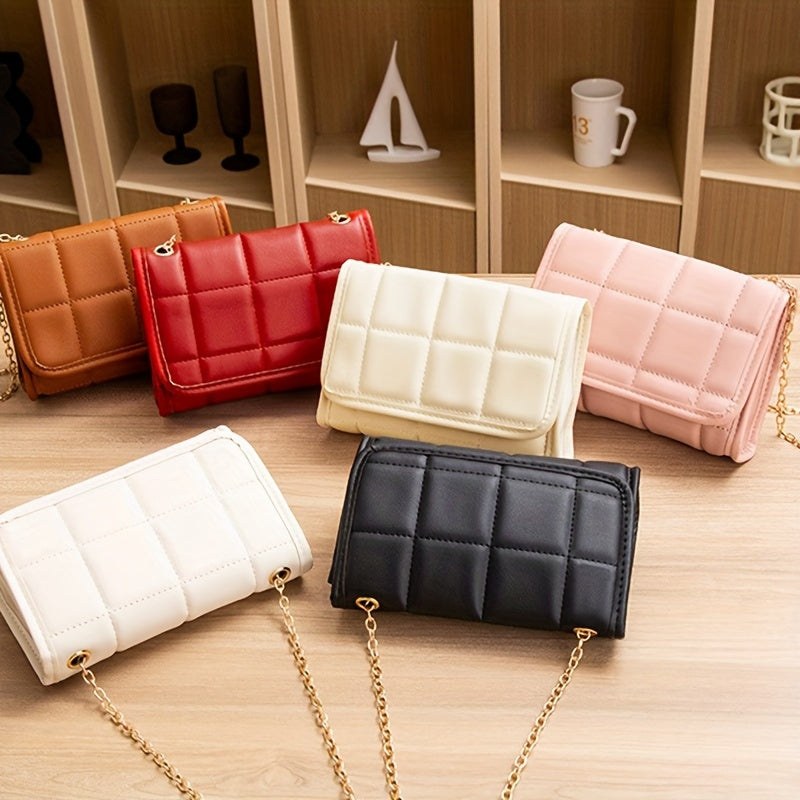 1pc Girl's Checkered Small Square Bag, Casual And Versatile Chain Small Square Bag, Crossbody PU Leather Bag