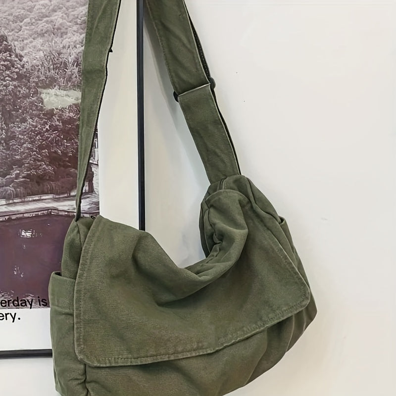 Simple Canvas Messenger Bag, Large Capacity Crossbody Bag, Trendy Flap Shoulder Bag