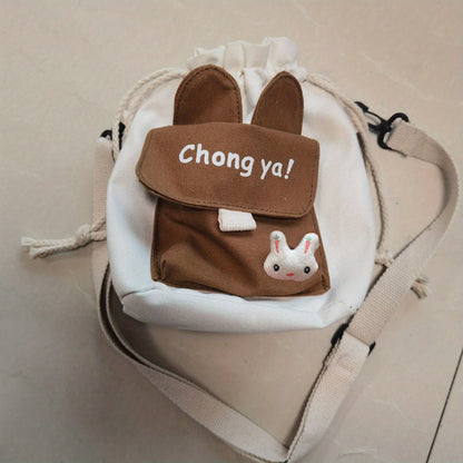 realaiot  Lovely Cartoon Small Crossbody Bag, Drawstring Canvas Bag With Adjustable Strap, Casual Going Out Bag