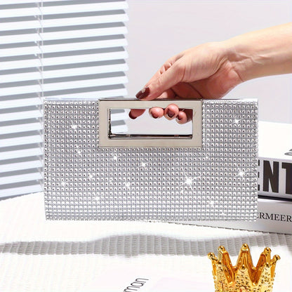 realaiot Shiny Rhinestone Evening Bag, Elegant Square Handle Clutch Purse, Women's Dress Handbag For Wedding Party Prom Banquet