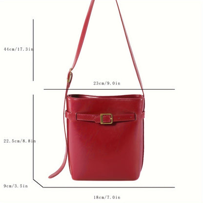 realaiot  Trendy Bucket Bag For Women, Retro Solid Color Crossbody Bag, Mini PU Leather Shoulder Purse