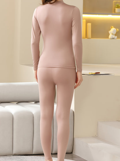 Solid Plush Thermal Underwear Set For Fall & Winter, Long Sleeve Mock Neck Tops & Pants, Women's Loungewear & Underwear