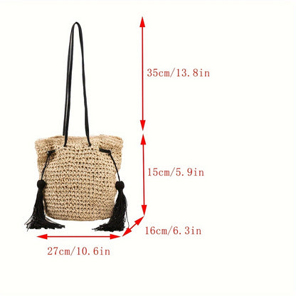 Trendy Drawstring Bucket Bag, Retro Woven Paper Straw Bag, Boho Style Shoulder Bag For Travel Vacation Beach