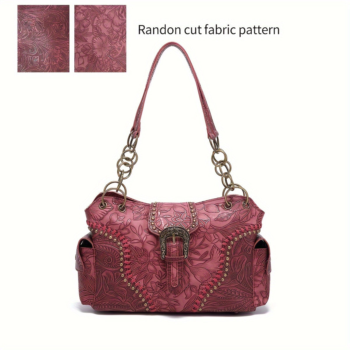 realaiot  Retro Floral Embossed Underarm Bag With Rivet And Buckle, Side Pocket Lightweight Satchel Bag, Top Handle Zipper Commuting Bag For Women