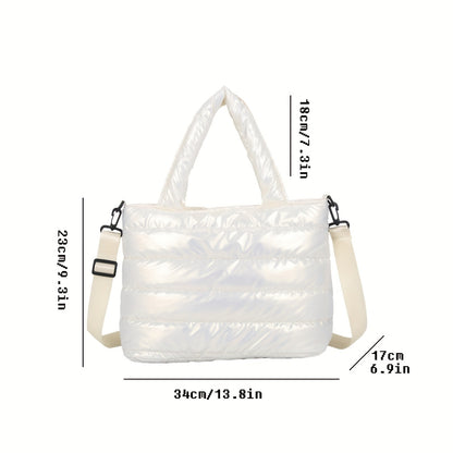 Soft Quilted Tote Bag, Large Capacity Zipper Shoulder Bag, Detachable Adjustable Strap Portable Double Handle Handbag